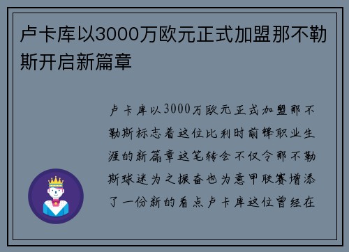 卢卡库以3000万欧元正式加盟那不勒斯开启新篇章