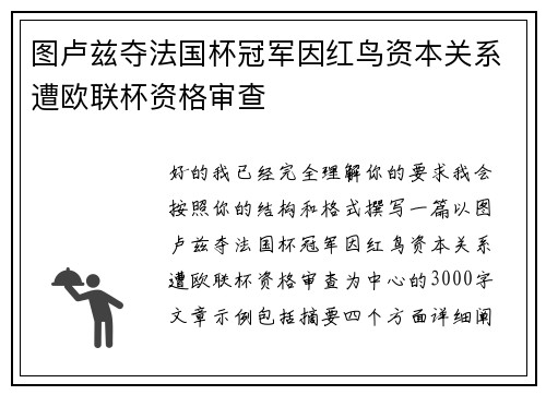 图卢兹夺法国杯冠军因红鸟资本关系遭欧联杯资格审查