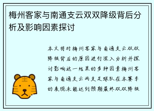 梅州客家与南通支云双双降级背后分析及影响因素探讨