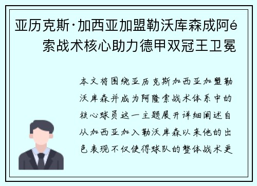 亚历克斯·加西亚加盟勒沃库森成阿隆索战术核心助力德甲双冠王卫冕