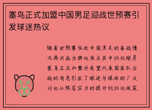 塞鸟正式加盟中国男足迎战世预赛引发球迷热议